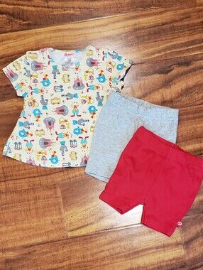 Zutano VGUC 12 months circus print top, gray bike shorts and red shorts